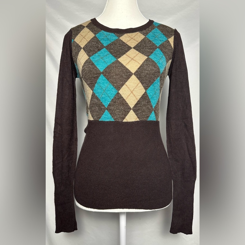 COSTA BLANCA Y2K‎ Preppy Argyle Academia Long Sleeve Top Size M